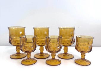 Vintage Indiana Glass Kings Crown Amber Glassware Set: Mid-Century Barware