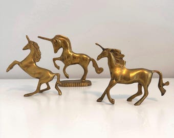 Set of 3 Solid Brass Unicorn Sculptures | Vintage Golden Patina Figurines