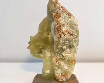 Vintage Green Onyx Face Sculpture with Marbled Stone Base