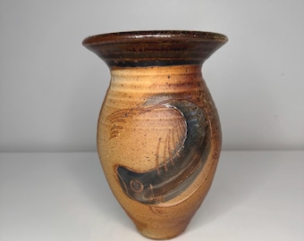 Vintage Stoneware Wall Pocket Vase Planter, Hand-Carved Fish Design