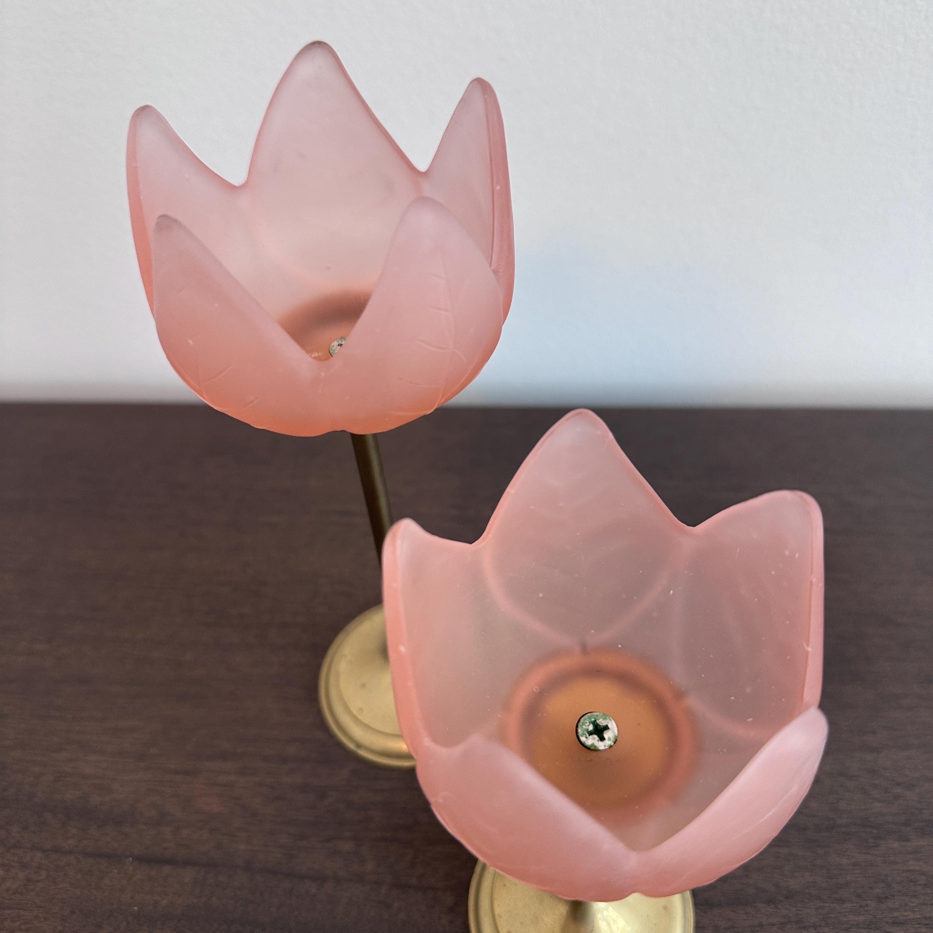 Vintage Pink Frosted Glass Tulip Candleholders, Brass Base, Set of