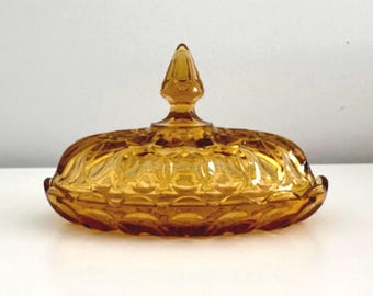 Vintage ANCHOR HOCKING Fairfield Pattern Amber Glass Oval Covered Butter Dish