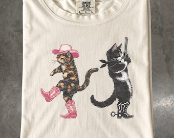 Western Cats T-Shirt: Cowgirl Tortoiseshell Cat and Cowboy Tuxedo Cat Graphic Tee