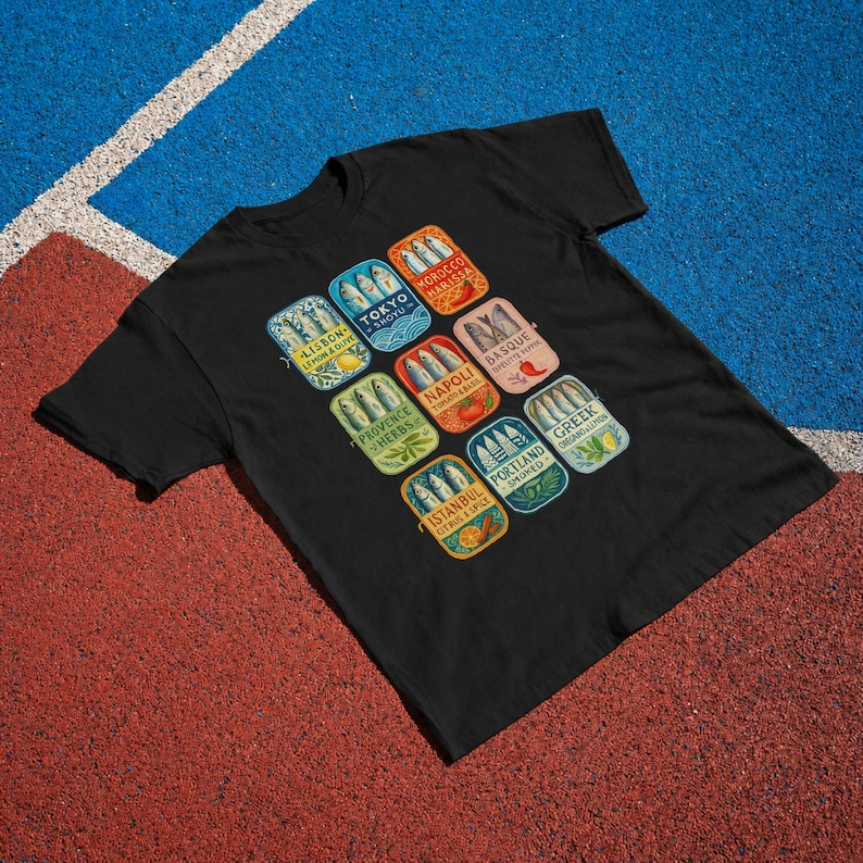 Sardine T-Shirt: Retro Tinned Fish Graphic Tee, Mediterranean Foodie Shirt, Chef Gift Black