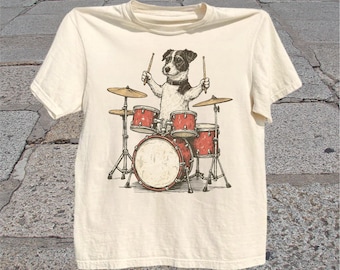 Jack Russell Terrier Playing Drum T-Shirt: Retro Dog Drummer Graphic Tee