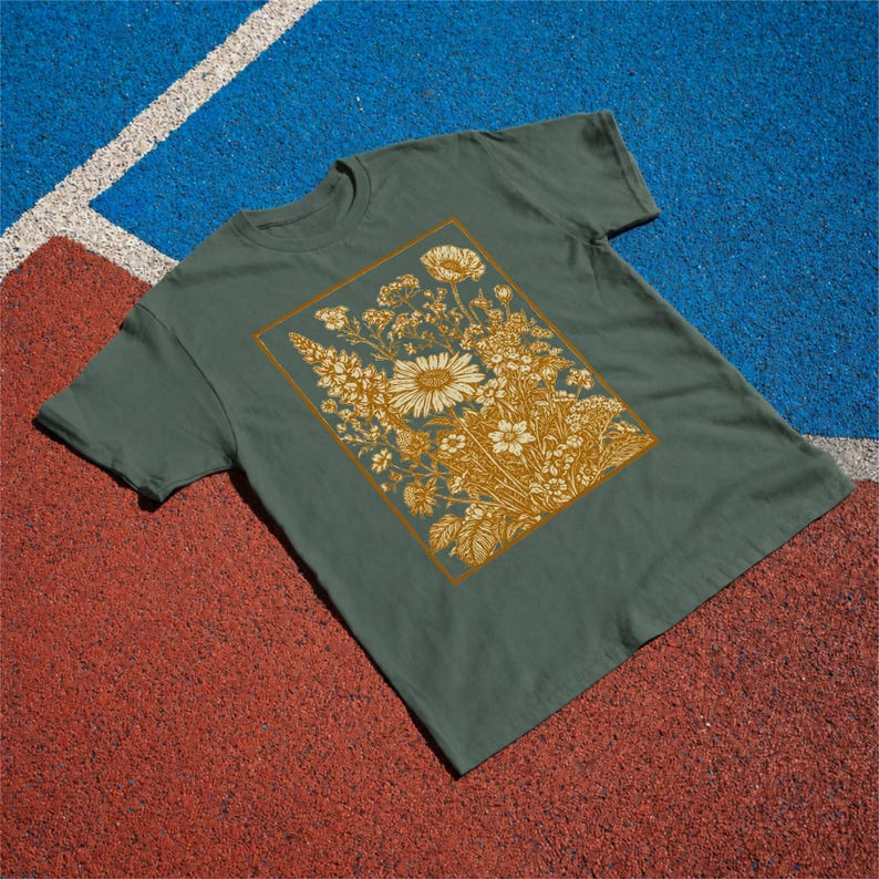 Vintage Wildflower Tee, Golden Botanical Meadow Illustration Comfort Colors Shirt Blue Spruce