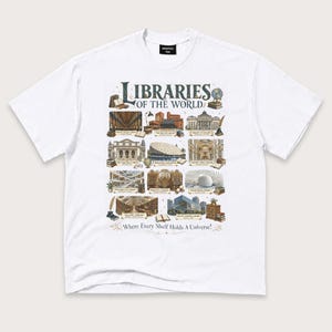 World Library T-Shirt: Book Lover Graphic Tee, Vintage Travel Shirt, Librarian Gift
