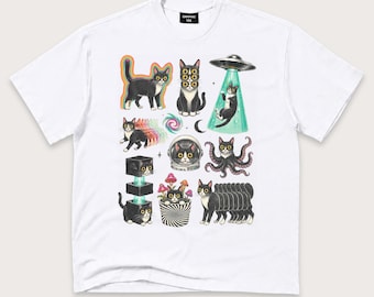 Tuxedo Cat Shirt, Funny Psychedelic Graphic Tee, Surreal UFO Black White Cat Gift