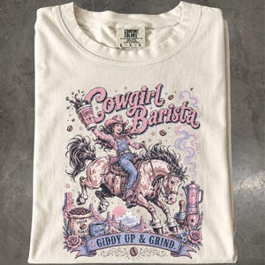 Cowgirl Barista T-Shirt: Retro Western Coffee Graphic Tee, Caffeine Lover Shirt, Cafe Worker Gift