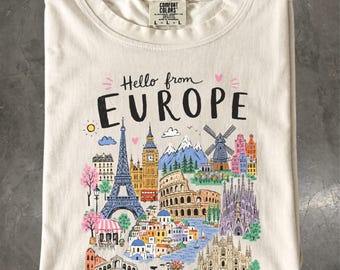Europe Travel T-Shirt, European Landmarks Tee, Paris Rome Italy Comfort Colors Shirt