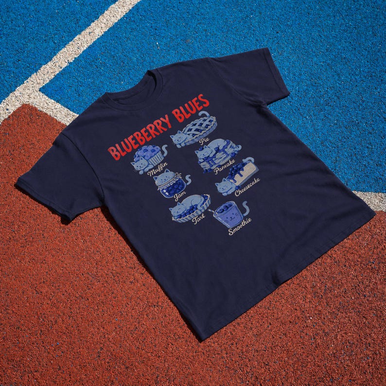 Blueberry Cat Shirt, Funny Cat Tee, Cute Foodie Cat Gift, Retro Dessert T-Shirt True Navy | Navy
