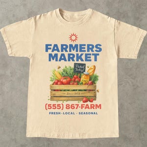 Camiseta de mercado de produtores, camiseta vintage com estampa vegetariana, camiseta com produtos locais, presente de comida orgânica, camiseta retrô com estampa fresca da fazenda