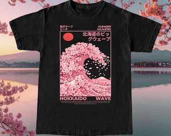Camiseta con estampado de la ola de Hokkaido Sakura / Camiseta con estampado de la ola de Ukiyo-e de flor de cerezo japonesa