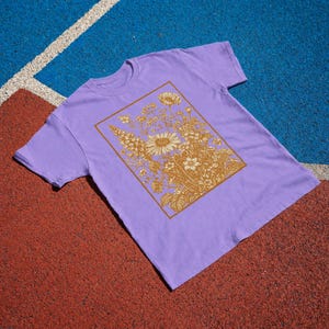Vintage Wildflower Tee, Golden Botanical Meadow Illustration Comfort Colors Shirt Violet