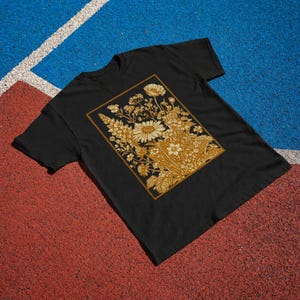 Vintage Wildflower Tee, Golden Botanical Meadow Illustration Comfort Colors Shirt Black