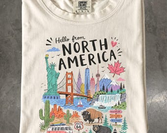 North America Travel T-Shirt, USA Canada Landmarks Tee, Comfort Colors Shirt