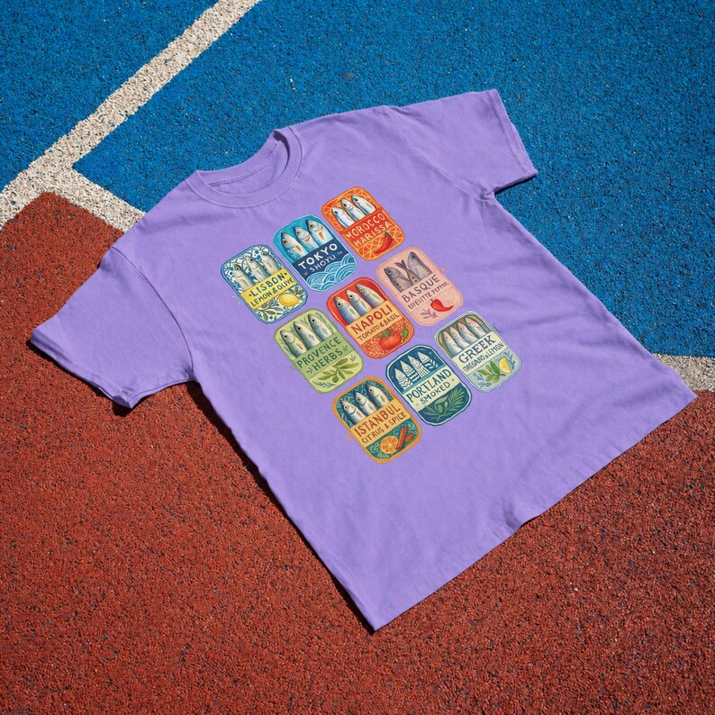 Sardine T-Shirt: Retro Tinned Fish Graphic Tee, Mediterranean Foodie Shirt, Chef Gift Violet
