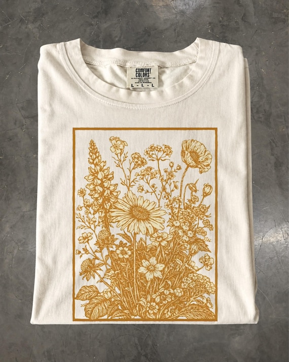 Vintage Wildflower Tee, Golden Botanical Meadow Illustration Comfort Colors Shirt