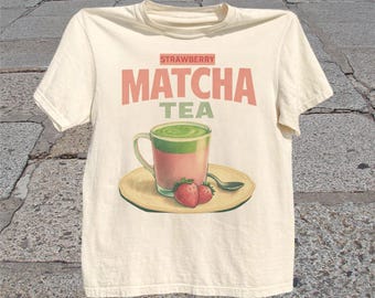 Strawberry Matcha Tea T-Shirt: Retro Cafe Drink Graphic Tee