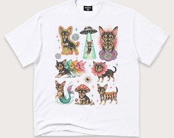 Chihuahua Shirt, Psychedelic Weirdcore Dog Graphic Tee, Surreal UFO Pet Lover Gift