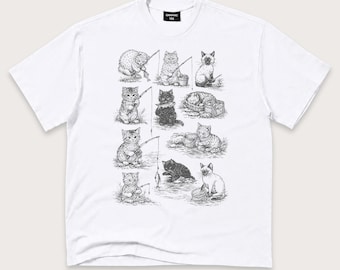 Cat Fishing T-Shirt: Vintage Kitten Graphic Tee, Fisherman Shirt