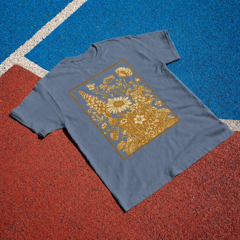Vintage Wildflower Tee, Golden Botanical Meadow Illustration Comfort Colors Shirt Blue Jean