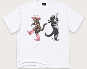 Western Cats T-Shirt: Cowgirl Tortoiseshell Cat and Cowboy Tuxedo Cat Graphic Tee