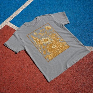 Vintage Wildflower Tee, Golden Botanical Meadow Illustration Comfort Colors Shirt Grey