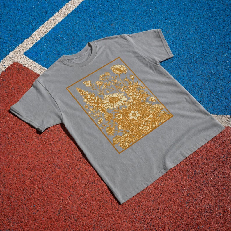 Vintage Wildflower Tee, Golden Botanical Meadow Illustration Comfort Colors Shirt Grey