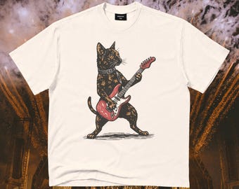 Tortoiseshell Cat T-Shirt: Retro Cat Guitar Rocker Tee