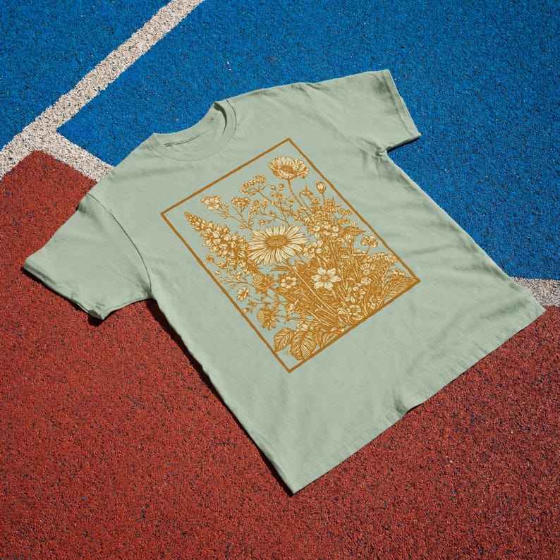 Vintage Wildflower Tee, Golden Botanical Meadow Illustration Comfort Colors Shirt Bay