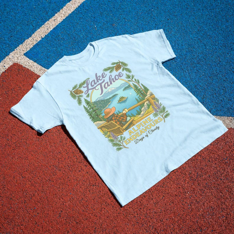 Lake Tahoe Shirt, Retro California Mountain Graphic Tee, Outdoor Travel Gift Chambray | Light Blue