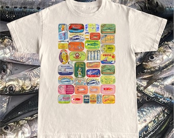 ヴィンテージのイワシ缶Tシャツ：レトロな缶詰魚のグラフィックTシャツ