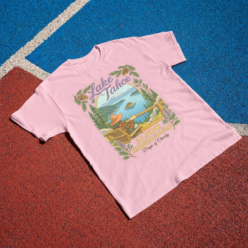 Lake Tahoe Shirt, Retro California Mountain Graphic Tee, Outdoor Travel Gift Blossom | Light Pink | Pink