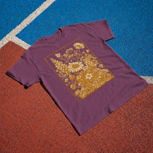 Vintage Wildflower Tee, Golden Botanical Meadow Illustration Comfort Colors Shirt Berry