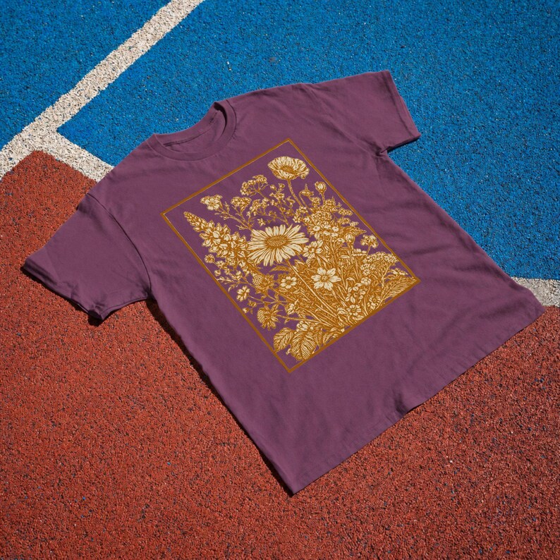 Vintage Wildflower Tee, Golden Botanical Meadow Illustration Comfort Colors Shirt Berry