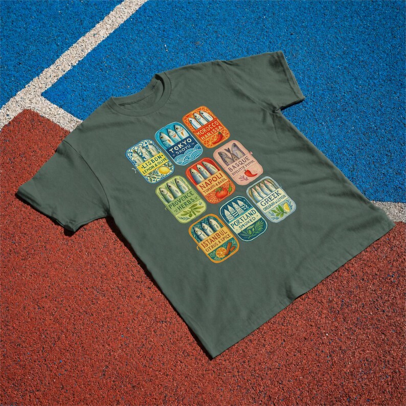 Sardine T-Shirt: Retro Tinned Fish Graphic Tee, Mediterranean Foodie Shirt, Chef Gift Blue Spruce