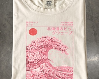 Hokkaido Wave Sakura T-Shirt | Japanese Cherry Blossom Ukiyo-e Wave Graphic Tee
