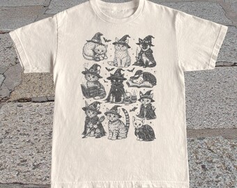 Witch Cat T-Shirt: Vintage Halloween Kitten Graphic Tee, Spooky Shirt