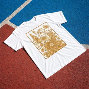 Vintage Wildflower Tee, Golden Botanical Meadow Illustration Comfort Colors Shirt White