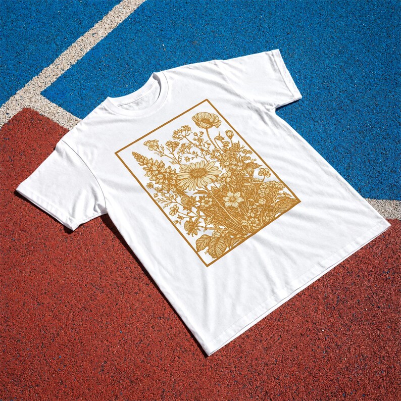 Vintage Wildflower Tee, Golden Botanical Meadow Illustration Comfort Colors Shirt White