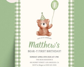 Beary First Birthday Invite, Green Gingham Birthday Invitation, Digital Invite, Teddy Bear Gender Neutral Invite, Instant Download