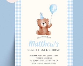 Beary First Birthday Invite, Blue Gingham Birthday Invitation, Digital Invite, Teddy Bear Boy Invite, Printable Template, Instant Download