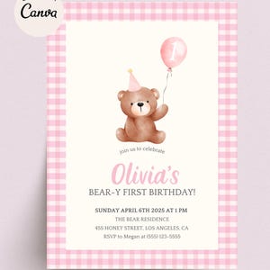 Beary First Birthday Invite, Pink Gingham Birthday Invitation, Digital Invite, Teddy Bear Girl Invite, Printable Template, Instant Download