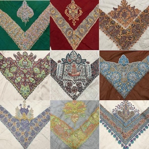 Könnte beinhalten: Neun farbenfrohe, bestickte Textilstücke mit aufwendigen floralen und geometrischen Mustern. Die Textilien haben eine V-Ausschnitt-Form mit detaillierten Mustern in verschiedenen Farben, darunter Grün, Rot, Braun und Blau. Die Designs sind symmetrisch und verziert.