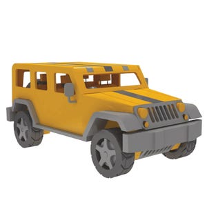 May include: A yellow toy jeep with black racing stripes and gray wheels. The jeep has a detailed front grill and headlights.