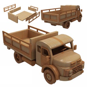 Op de afbeelding: Een houten speelgoedtruck modelkit met een kiepbak. De kit bevat de cabine van de truck, de bak en de wielen. De truck is gemaakt van natuurlijk hout en heeft een lichtbruine kleur.