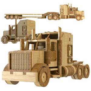 Puede incluir: Juego de camión y remolque de juguete de madera. El juguete está hecho de madera marrón clara y oscura, con una construcción detallada. El juego incluye un tractor y un remolque de plataforma, ideal para jugar o exhibir.