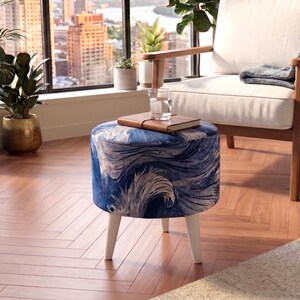 Wave print stool, Blue pouf stool, Home decoration, Contemporary footrest, Stool for accent, Luxury pouf stool, Ottoman seating, Round stool