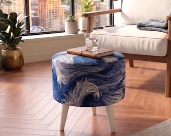 Banqueta com estampa de ondas, Banqueta azul, Decoração para casa, Apoio para os pés contemporâneo, Banqueta decorativa, Banqueta de luxo, Assento otomano, Banqueta redonda